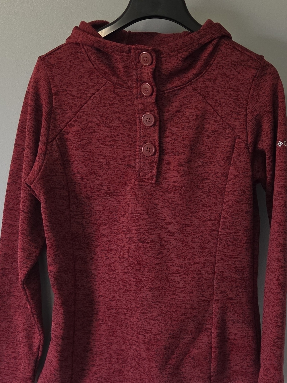 Columbia Heathered Red  Button Neck Hooded Women's Fleece Pullover M